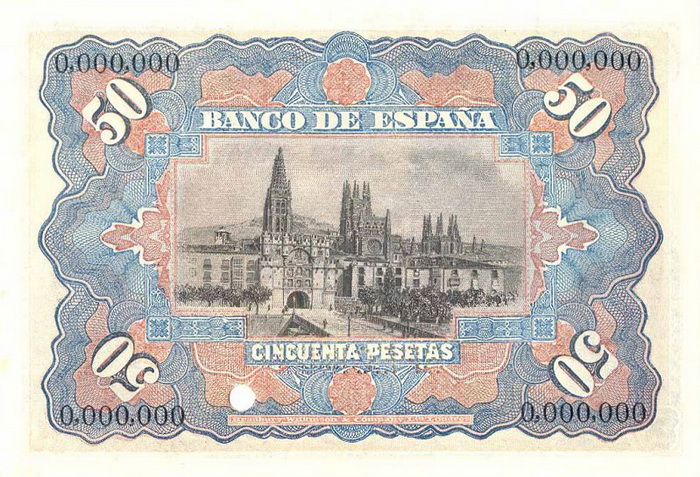 Обратная сторона банкноты Испании номиналом 50 Песет