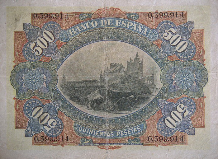 Обратная сторона банкноты Испании номиналом 500 Песет