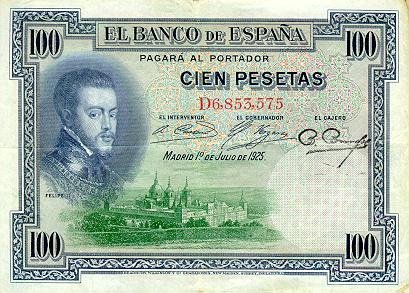 Лицевая сторона банкноты Испании номиналом 100 Песет