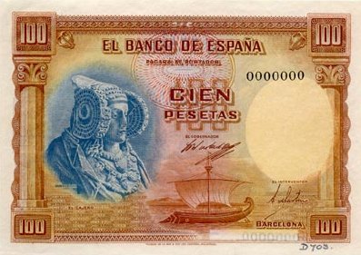 Лицевая сторона банкноты Испании номиналом 100 Песет