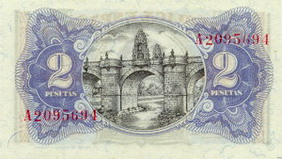 Обратная сторона банкноты Испании номиналом 2 Песеты
