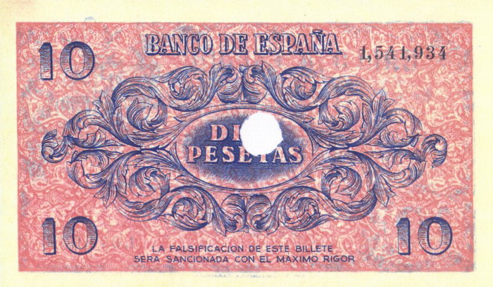 Обратная сторона банкноты Испании номиналом 10 Песет
