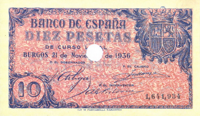 Лицевая сторона банкноты Испании номиналом 10 Песет
