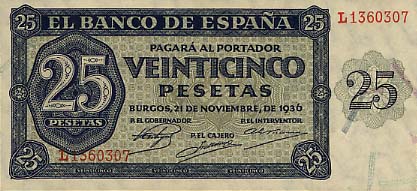 Лицевая сторона банкноты Испании номиналом 25 Песет