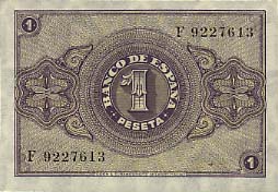Обратная сторона банкноты Испании номиналом 1 Песета