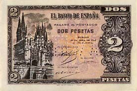 Лицевая сторона банкноты Испании номиналом 2 Песеты
