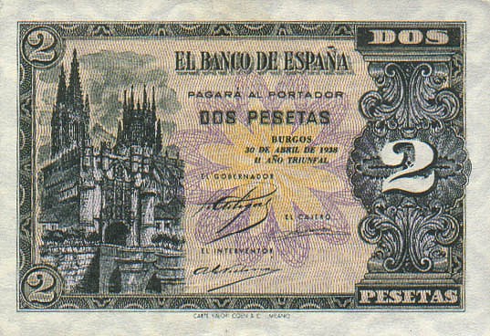 Лицевая сторона банкноты Испании номиналом 2 Песеты