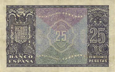 Обратная сторона банкноты Испании номиналом 25 Песет