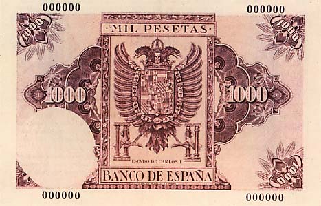 Обратная сторона банкноты Испании номиналом 1000 Песет