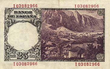 Обратная сторона банкноты Испании номиналом 25 Песет