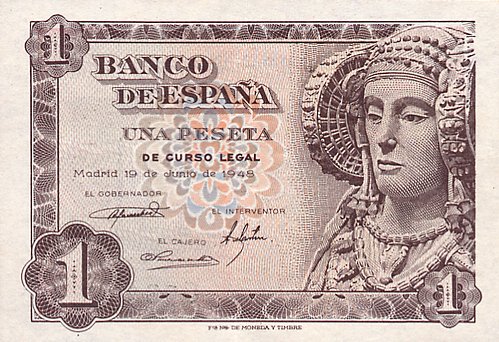 Лицевая сторона банкноты Испании номиналом 1 Песета