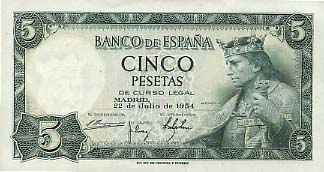 Лицевая сторона банкноты Испании номиналом 5 Песет