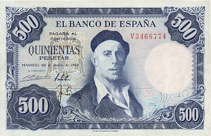 Лицевая сторона банкноты Испании номиналом 500 Песет
