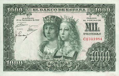 Лицевая сторона банкноты Испании номиналом 1000 Песет