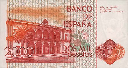 Обратная сторона банкноты Испании номиналом 2000 Песет