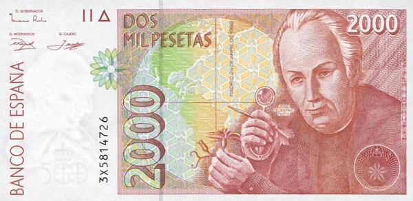 Лицевая сторона банкноты Испании номиналом 2000 Песет