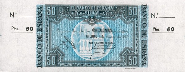 Лицевая сторона банкноты Испании номиналом 50 Сантимов