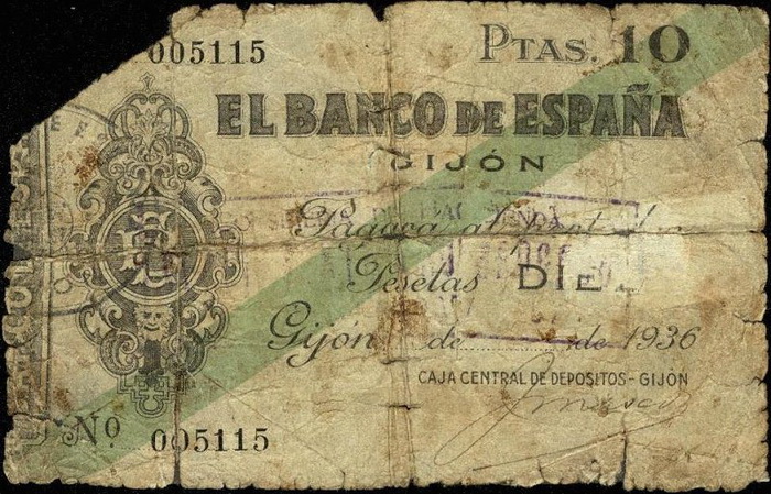 Лицевая сторона банкноты Испании номиналом 10 Песет