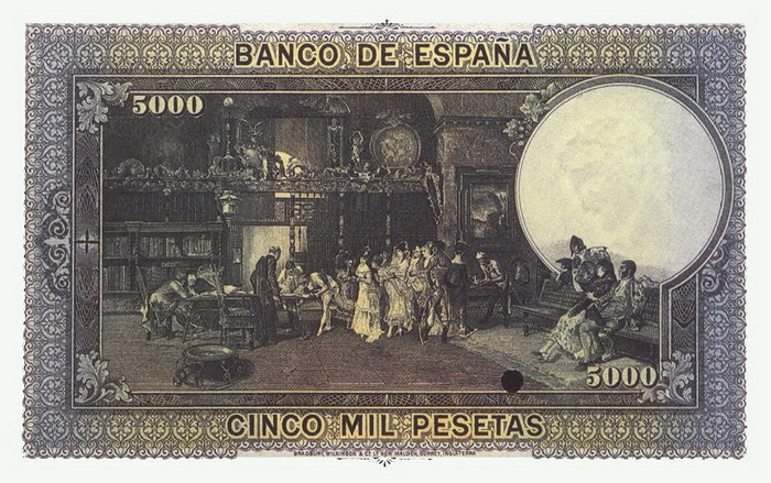 Обратная сторона банкноты Испании номиналом 5000 Песет
