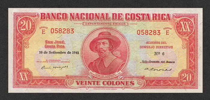 Лицевая сторона банкноты Коста-Рики номиналом 20 Колонов