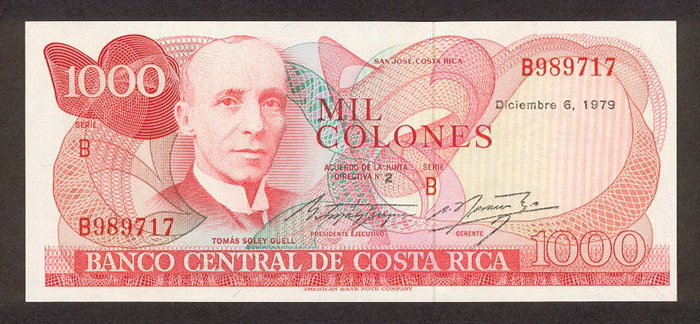 Лицевая сторона банкноты Коста-Рики номиналом 1000 Колонов