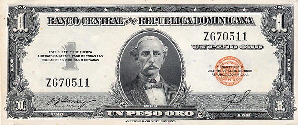 Лицевая сторона банкноты Доминиканской республики номиналом 1 Песо Оро