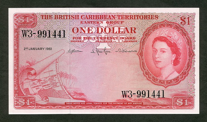 Лицевая сторона банкноты Сент-Китс и Невис номиналом 1 Доллар