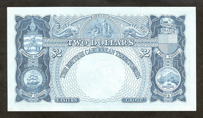 Обратная сторона банкноты Сент-Китс и Невис номиналом 2 Доллара