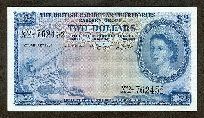 Лицевая сторона банкноты Сент-Китс и Невис номиналом 2 Доллара