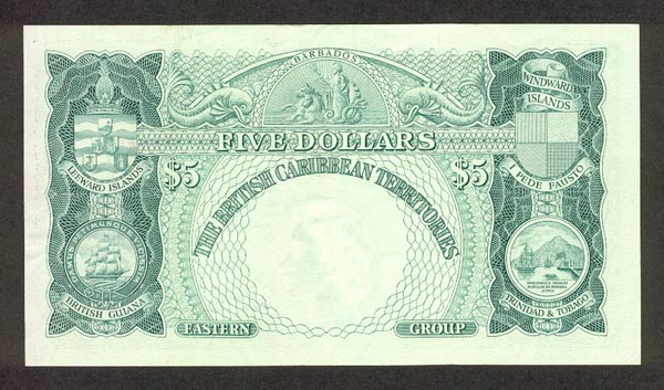Обратная сторона банкноты Сент-Китс и Невис номиналом 5 Долларов