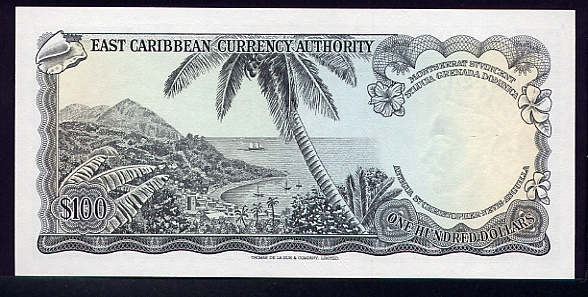 Обратная сторона банкноты Сент-Китс и Невис номиналом 100 Долларов