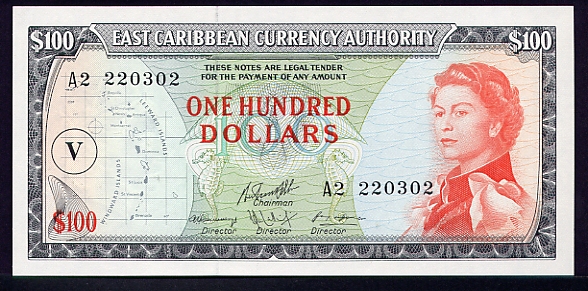 Лицевая сторона банкноты Сент-Китс и Невис номиналом 100 Долларов