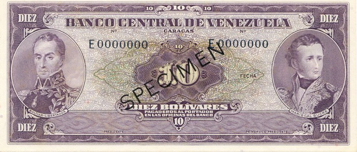 Лицевая сторона банкноты Венесуэлы номиналом 10 Боливаров