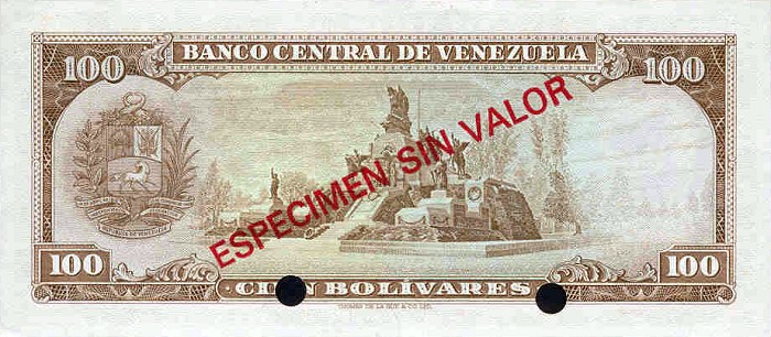 Обратная сторона банкноты Венесуэлы номиналом 100 Боливаров