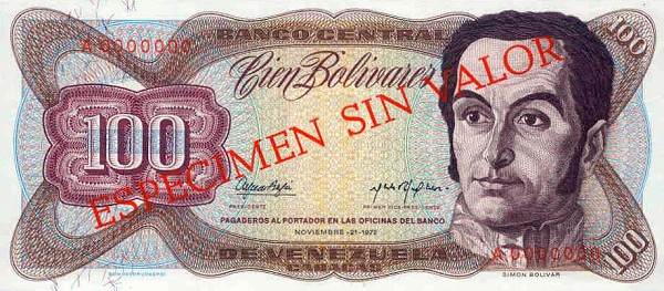 Лицевая сторона банкноты Венесуэлы номиналом 100 Боливаров
