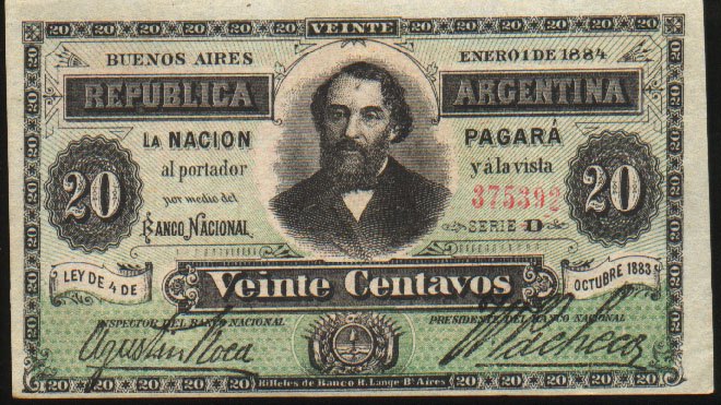 Лицевая сторона банкноты Аргентины номиналом 20 Сентаво