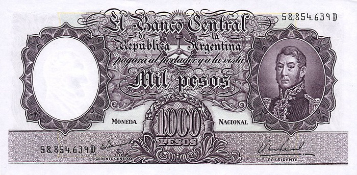 Лицевая сторона банкноты Аргентины номиналом 1000 Песо