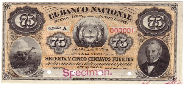 Лицевая сторона банкноты Аргентины номиналом 75 Сентаво
