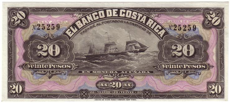 Лицевая сторона банкноты Коста-Рики номиналом 20 Песо