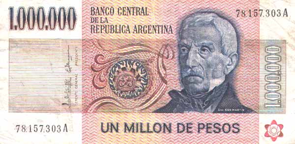 Лицевая сторона банкноты Аргентины номиналом 1000000 Песо