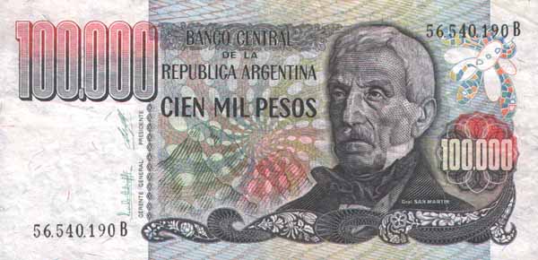 Лицевая сторона банкноты Аргентины номиналом 100000 Песо