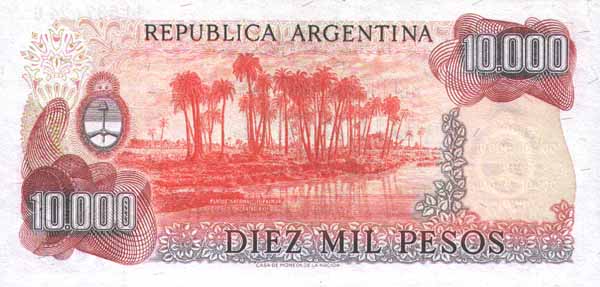 Обратная сторона банкноты Аргентины номиналом 10000 Песо