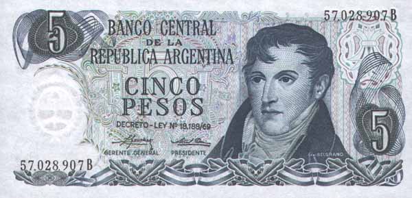 Лицевая сторона банкноты Аргентины номиналом 5 Песо