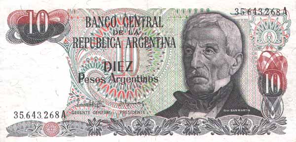 Лицевая сторона банкноты Аргентины номиналом 10 Песо