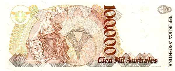 Обратная сторона банкноты Аргентины номиналом 100000 Песо
