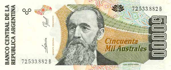 Лицевая сторона банкноты Аргентины номиналом 50000 Песо