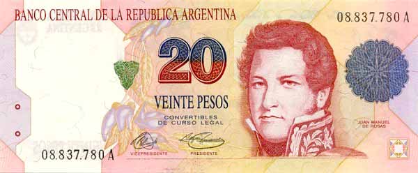 Лицевая сторона банкноты Аргентины номиналом 20 Песо