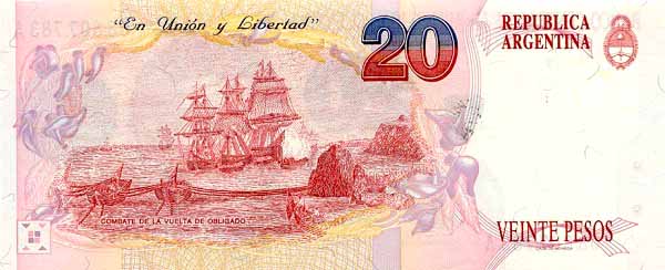 Обратная сторона банкноты Аргентины номиналом 20 Песо