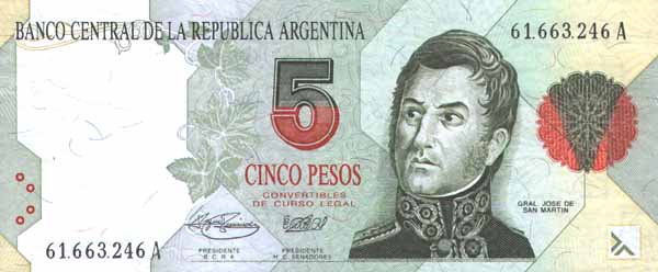 Лицевая сторона банкноты Аргентины номиналом 5 Песо