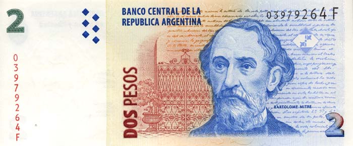 Лицевая сторона банкноты Аргентины номиналом 2 Песо